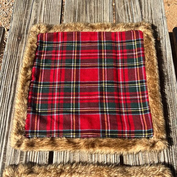 Newport Plaid Flannel Fur Trim Pillow Covers Set of 2 | 19x19 Red Cabin Holiday - Picture 14 of 16